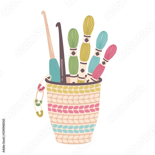 Various crochet hooks, Yarn and threads, colour  pins. Crocheting elements in woven cup. Crochet. Hooking and Knitting concept. Hand drawn Knitting tools, sewing accessories. Vector  illustration