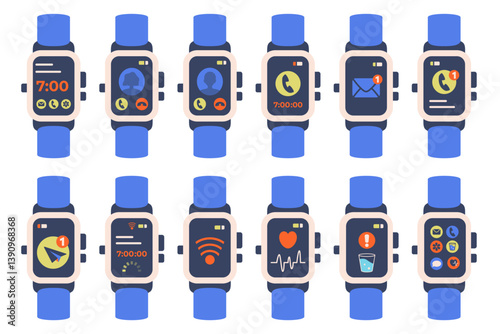 Modern smartwatch with colorful app icons on screen. Smart watch icons isolated. Wearable device for fitness, notifications. Digital wrist device. Health tracking and mobile connectivity. Vector