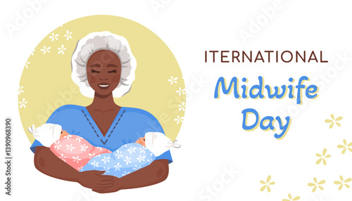 International Midwife day. African woman Midwife holding European newborn twins. African American doctor with babies. Newborn twin boy and girl in white hats, wrapped in cute blankets. Vector