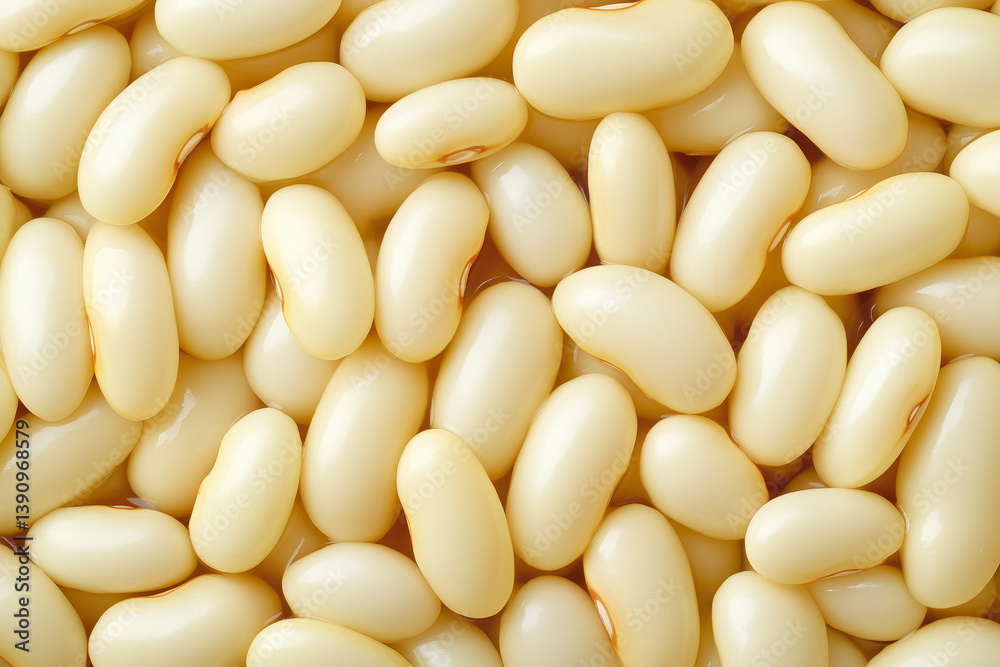 A close-up, top-down view of a pile of smooth, pale beige lima beans.