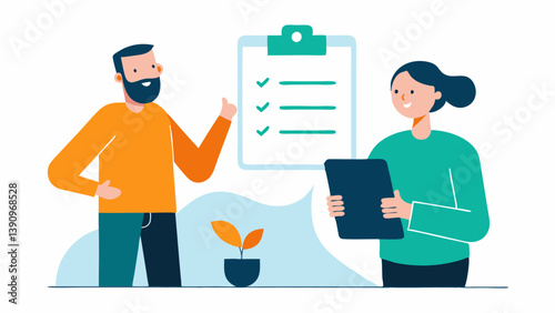 Client Onboarding Process An illustration showing the onboarding process for new subscribers with a consultant explaining the steps to a business owner using an illustrated