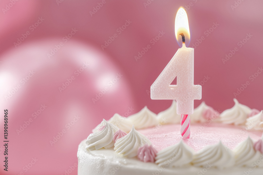 Close-up of a 4th birthday cake with a lit candle, against a pink background.