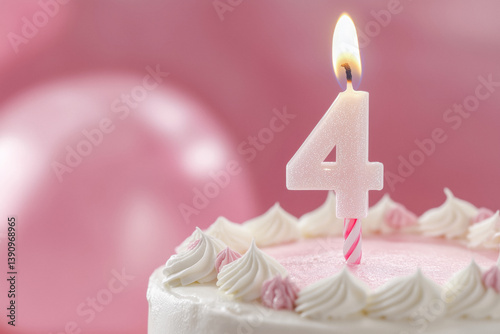 Obraz na płótnie Close-up of a 4th birthday cake with a lit candle, against a pink background. w salonie