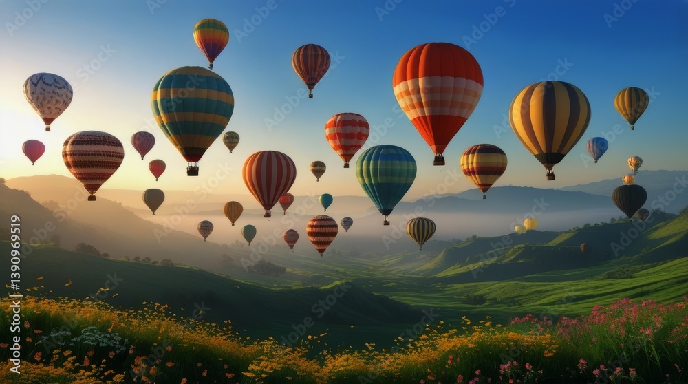Fototapeta premium Vibrant Hot Air Balloons Floating Over Colorful Sunflower Field