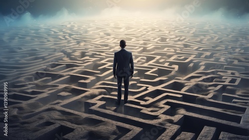 A lone person in a suit stands in the middle of a vast