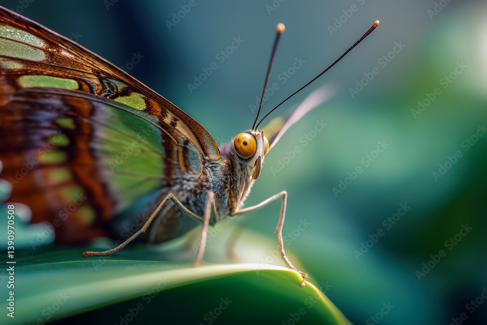 Close-up of a malachite butterfly (Siproeta stelenes) on a green leaf, showcasing its vibrant green and brown wings and orange eyes.