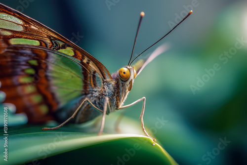 Obraz na płótnie Close-up of a malachite butterfly (Siproeta stelenes) on a green leaf, showcasing its vibrant green and brown wings and orange eyes. w salonie