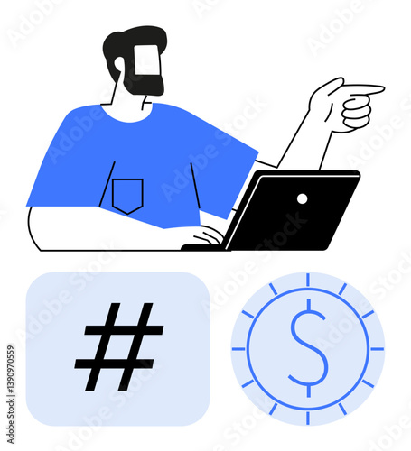 Man gestures while using a laptop, metadata tag symbol, and dollar coin suggesting online activity, marketing, and monetization. Ideal for technology, social media, finance, communication business
