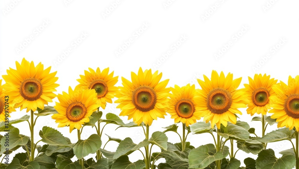 Fototapeta premium Sunflowers in a row against white background. Bright yellow blossoms with green leaves