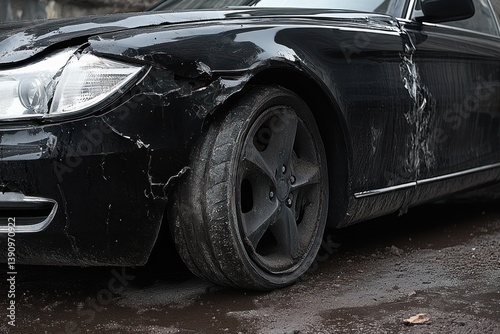 Damaged Black Car Front Wheel and Dented Side Panel After Collision Requires Bodywork Repair