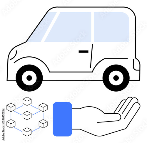 Compact car, blockchain network, and open palm symbolizing shared mobility, secure digital transactions, and eco-friendly transportation. Ideal for technology, sharing economy, innovation