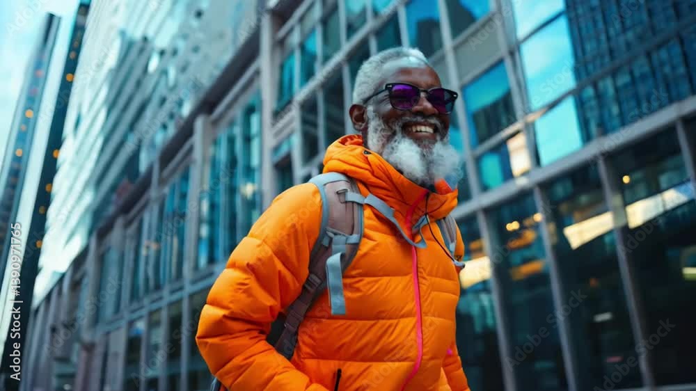 A man in an orange jacket is walking down a city street. He is smiling and he is enjoying himself A man in an orange jacket is walking down a city street. He is smiling and he is enjoying himself