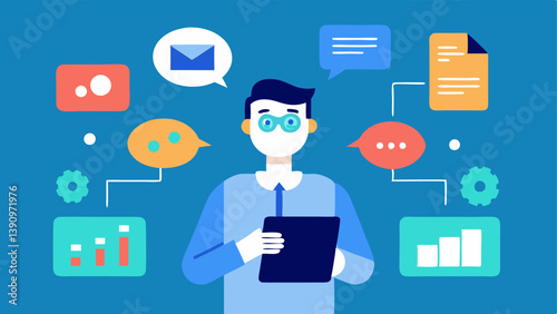 AI Assistant Interaction A marketing analyst speaking to a virtual AI assistant on a tablet with floating icons of social media email and analytics tools representing the AIs