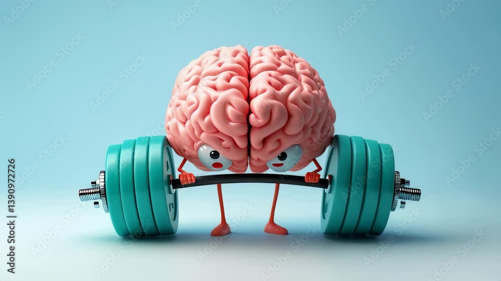 Cartoon-style brain character lifting a heavy barbell with teal weights, representing mental strength, cognitive fitness, and intellectual growth. Blue gradient background.