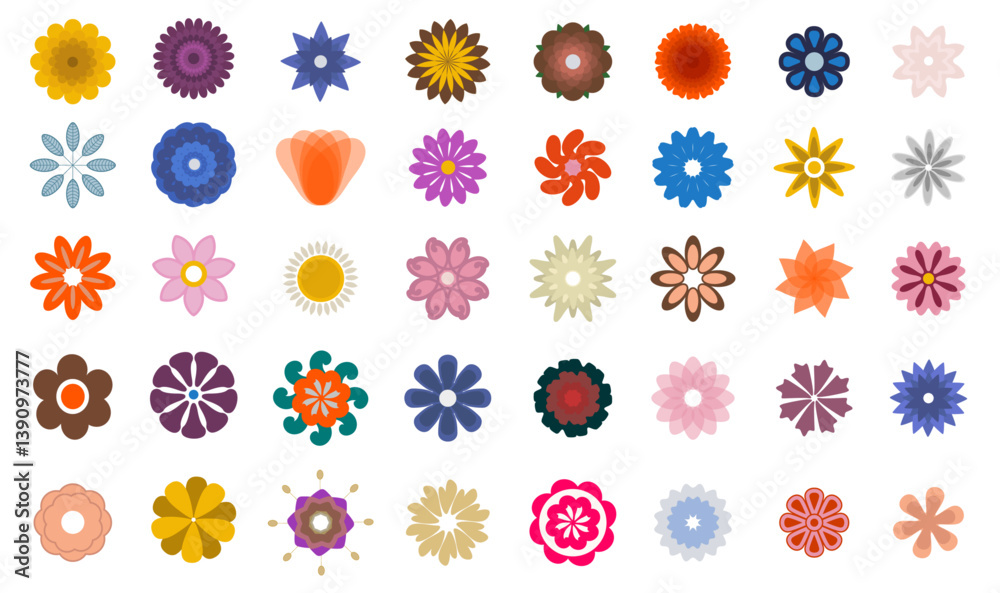 2D flat vector illustration flowers and shapes for artistic floral composition botanical colorful period references retro vintage