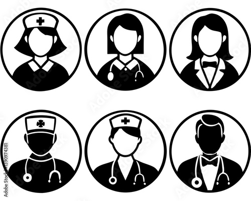 Medical Professionals Icon Set: A comprehensive collection of vector icons representing diverse medical professionals, each framed within a clean circular design, Ideal for healthcare.