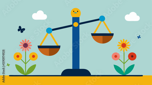 Ecosystem Balance A balanced scale with bees and flowers on one side and empty barren land on the other illustrating the crucial balance that pollinators maintain in ecosystems.