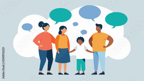 Family Huddle A diverse family standing in a circle each taking turns sharing what they are grateful for with visualized thought bubbles containing positive words.