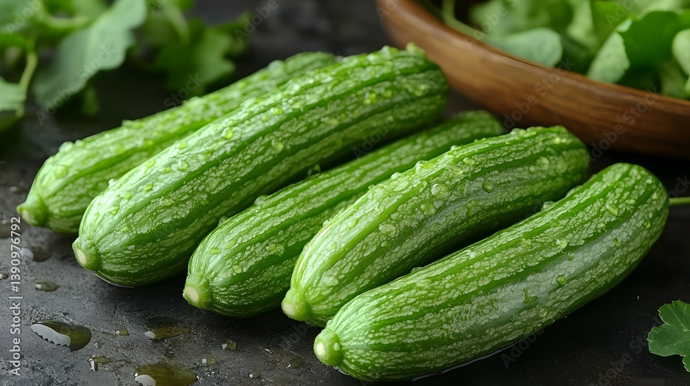 Fresh Green Cucumbers on a Dark Surface with Water Droplets and Salad Greens Nearby Fresh Green Cucumbers on a Dark Surface with Water Droplets and Salad Greens Nearby