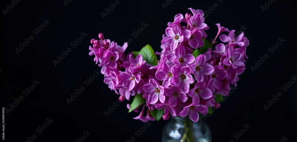 Dark background, vibrant lilac blossoms in glass vase, botanical, still life Dark background, vibrant lilac blossoms in glass vase, botanical, still life