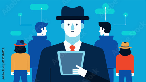 Mobile Device Use A detective outdoors using a tablet to scan faces in a crowd displaying realtime data and matches from the facial recognition software.