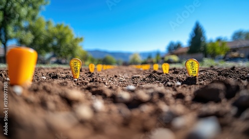 Seedlings Emerging from Soil with Vibrant Markers in Sunny Garden