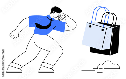 Man sprinting towards floating shopping bags, symbolizing urgency, excitement and the thrill of shopping. Ideal for e-commerce, consumer behavior, retail promotions, holiday sales, marketing