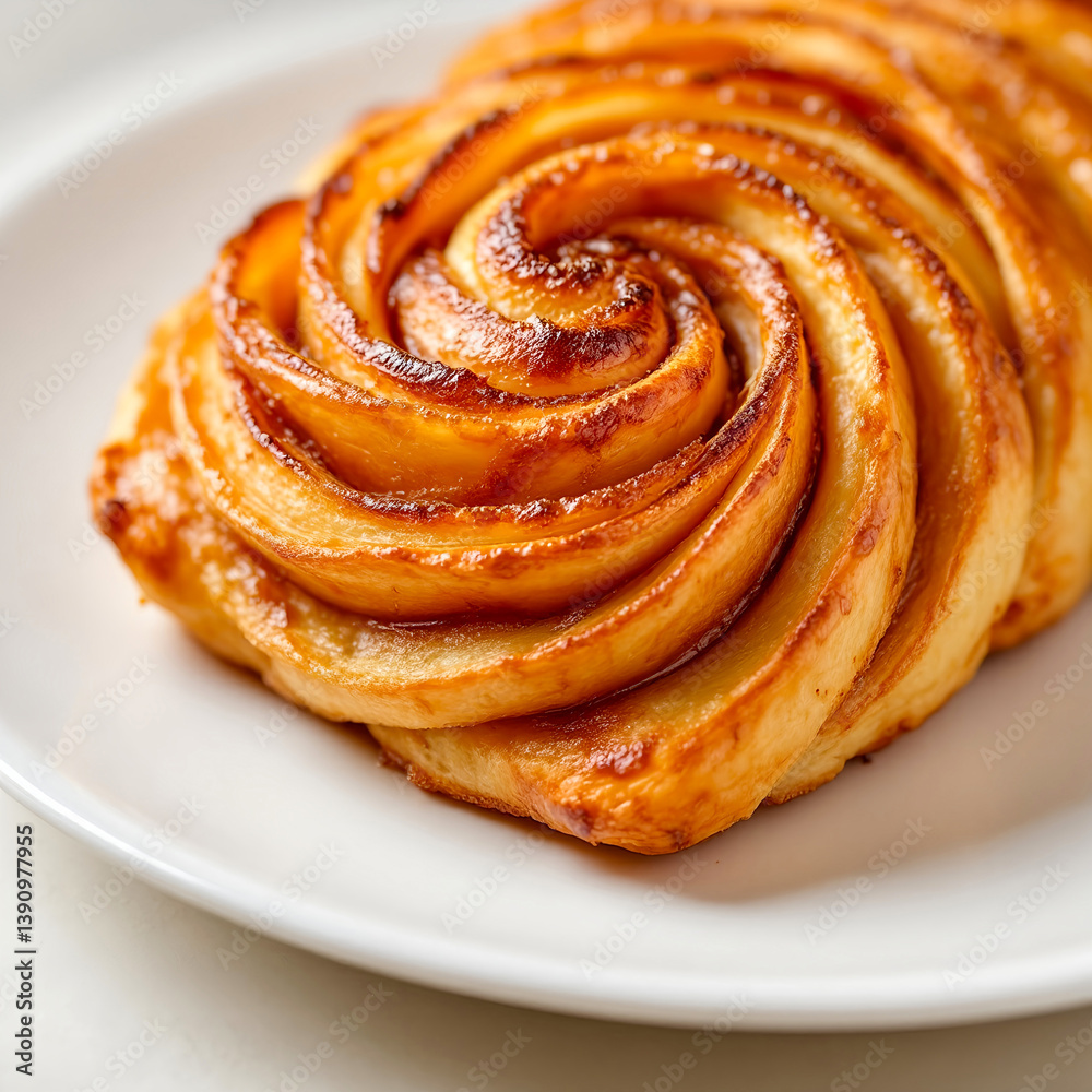 Fototapeta premium Artistic close-up of a palmier resting on a white ceramic plate, showcasing its perfectly curled, buttery layers. The caramelized sugar on top creates a glossy finish