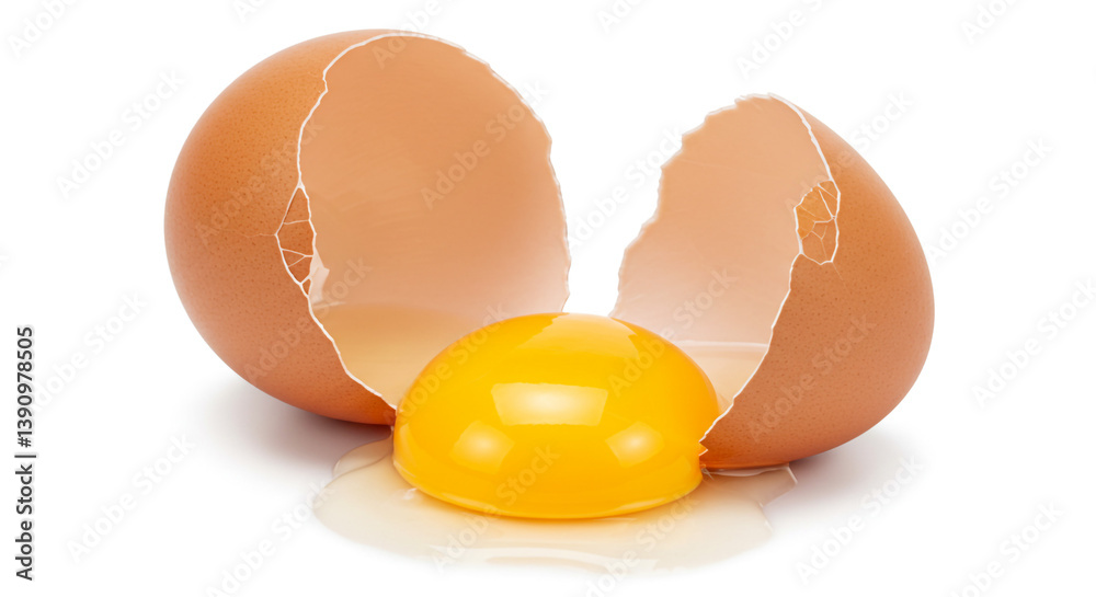 A vibrant golden yolk spills from its cracked brown shell, a moment of pure, natural freshness against a stark white background. A vibrant golden yolk spills from its cracked brown shell, a moment of pure, natural freshness against a stark white background.