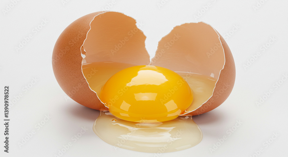 A vibrant golden yolk spills from a cracked brown eggshell, a symbol of new beginnings and culinary potential, against a stark white background. A vibrant golden yolk spills from a cracked brown eggshell, a symbol of new beginnings and culinary potential, against a stark white background.