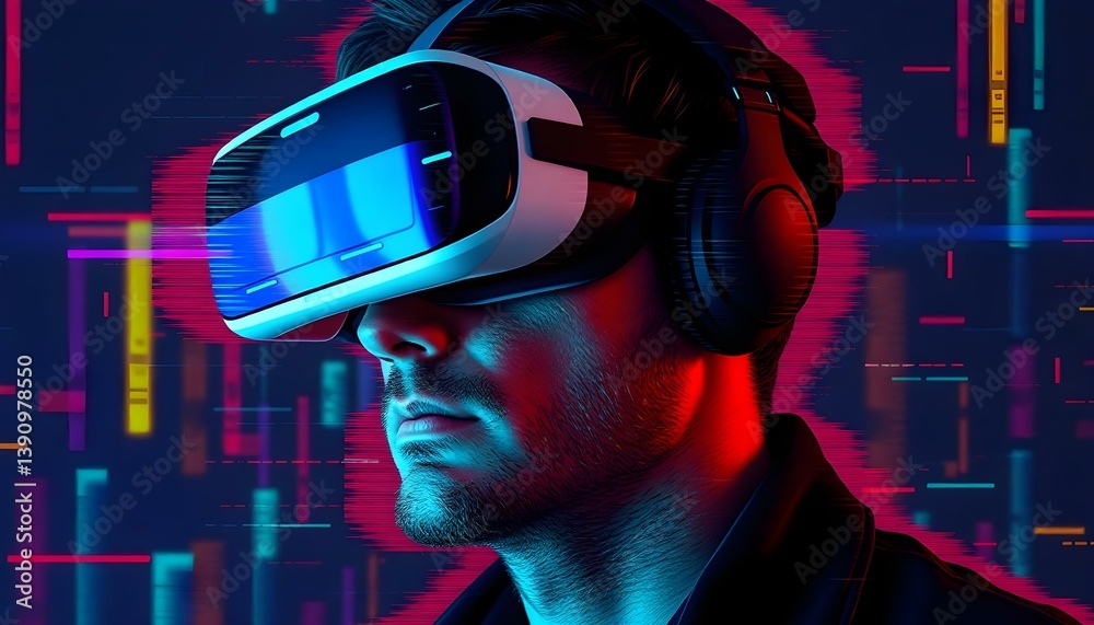 Man Wearing VR Headset in Neon Glitch Art Style Man Wearing VR Headset in Neon Glitch Art Style