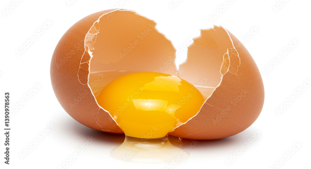A vibrant golden yolk spills from a cracked brown eggshell against a stark white background, showcasing the raw beauty of a simple ingredient. A vibrant golden yolk spills from a cracked brown eggshell against a stark white background, showcasing the raw beauty of a simple ingredient.