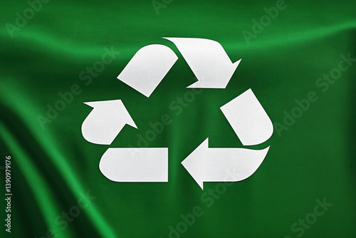 Close-up of the white recycling symbol printed on a green t-shirt.