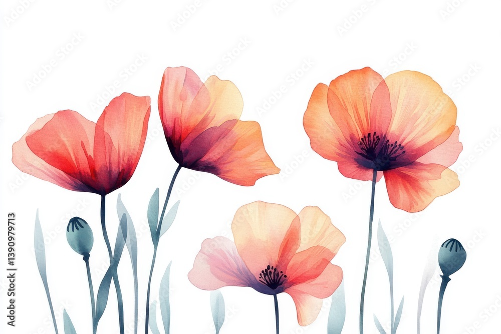 Watercolor painting of poppies with delicate petals on white art Watercolor painting of poppies with delicate petals on white art