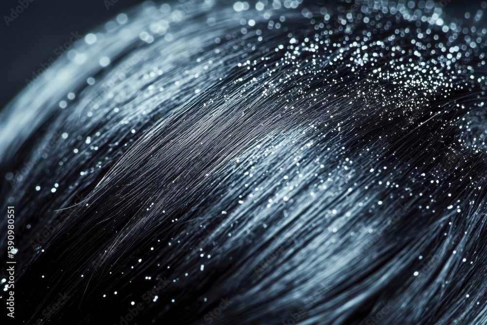 A close-up view of dark hair covered in white dandruff flakes against a dark background.
