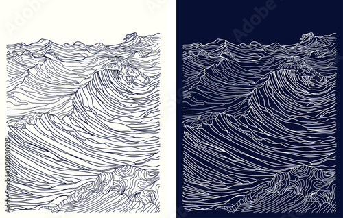 Dynamic sea wave abstract print. Modern vector artwork capturing the intensity and rhythm of rough ocean waters in minimalist line art.