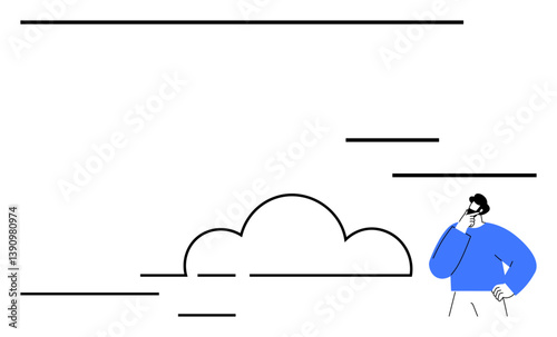 Person in blue sweater thoughtfully stands near a cloud with abstract black lines. Ideal for brainstorming, innovation, strategy, planning, creativity, reflection, problem-solving. Flat simple