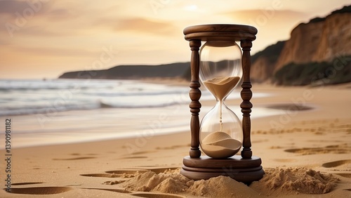 A wooden hourglass with sand flowing from the upper chamber to the lower chamber
