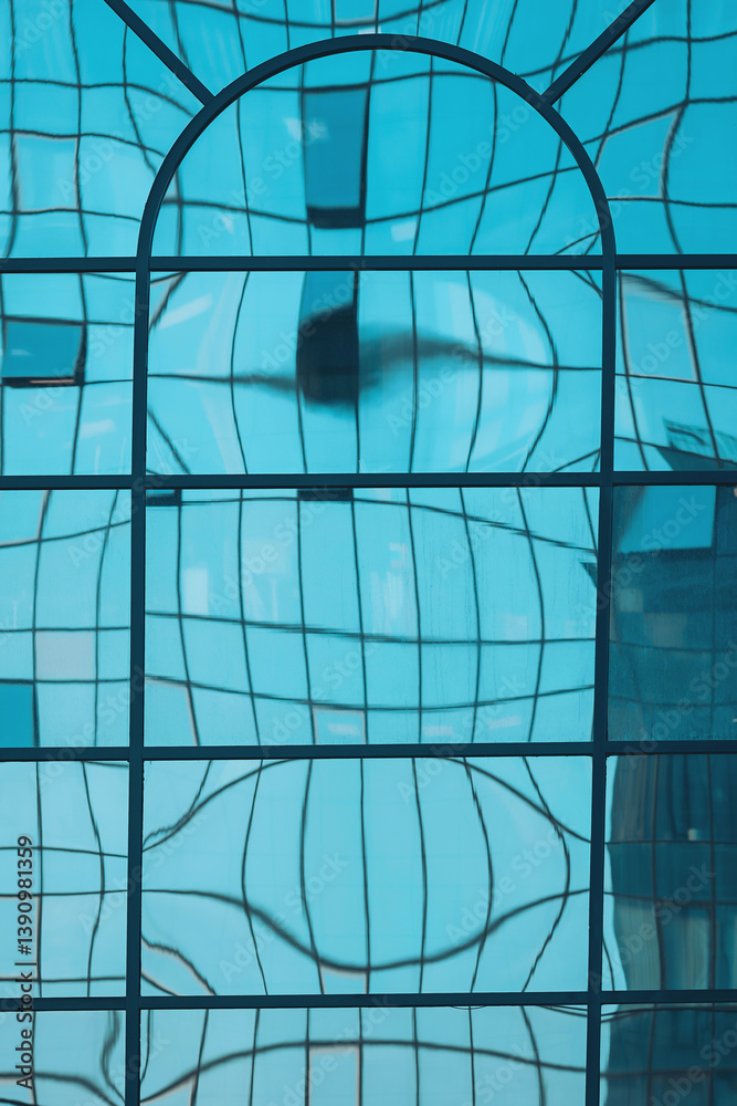 Obraz premium Reflections of urban life captured in abstract ripples of glass during a bright afternoon.