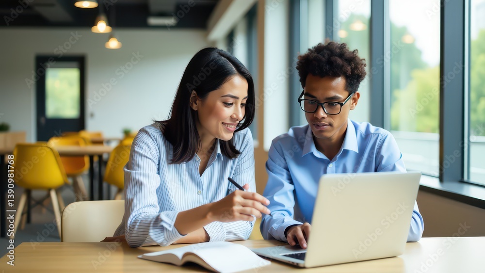 A man and woman sitting at a table looking at a laptop A man and woman sitting at a table looking at a laptop