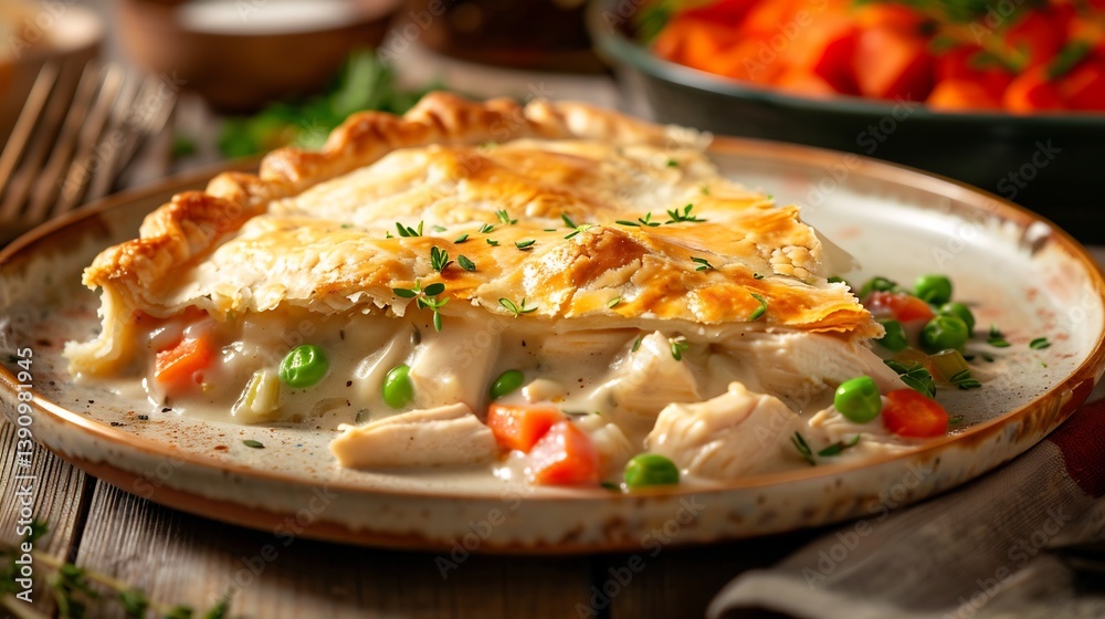 Plate of hearty chicken pot pie from Canada with a flaky crust and savory filling styled in a warm high resolution homestyle gourmet food photography scene Plate of hearty chicken pot pie from Canada with a flaky crust and savory filling styled in a warm high resolution homestyle gourmet food photography scene