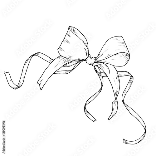 Satin bow with ribbons, for holidays and gifts. Black and white vector illustration. A hand-drawn ink bow sketch in a simple style for celebrating a birthday, wedding or Christmas.