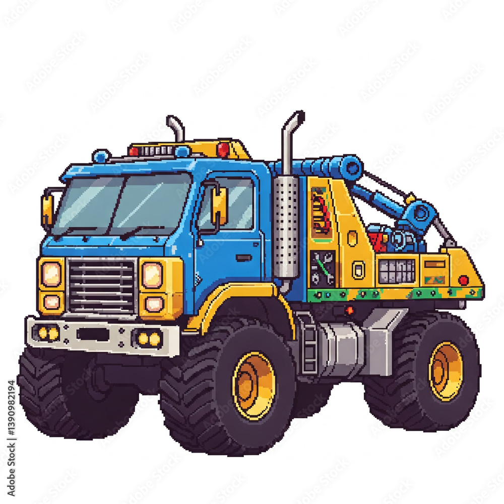 Naklejka premium A vibrant, pixelated tow truck, featuring a bold blue cab and yellow undercarriage.