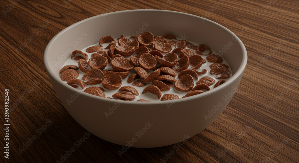 A comforting bowl of chocolate cereal swimming in creamy milk, a simple breakfast delight on a rich wooden table. A comforting bowl of chocolate cereal swimming in creamy milk, a simple breakfast delight on a rich wooden table.