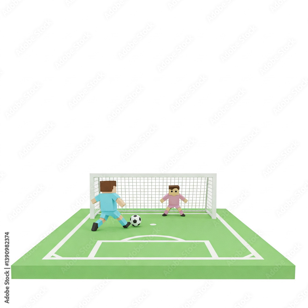 Fototapeta premium A stylized, 3D pixel art rendering of two soccer players on a miniature soccer field.