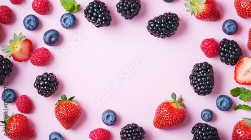 Various fresh colorful berries arranged on a pink background