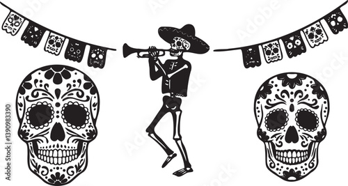 Day of the Dead Vector Black Silhouette on White Background | Día de los Muertos Illustration | Cultural & Festive Design | Minimalist & Editable
