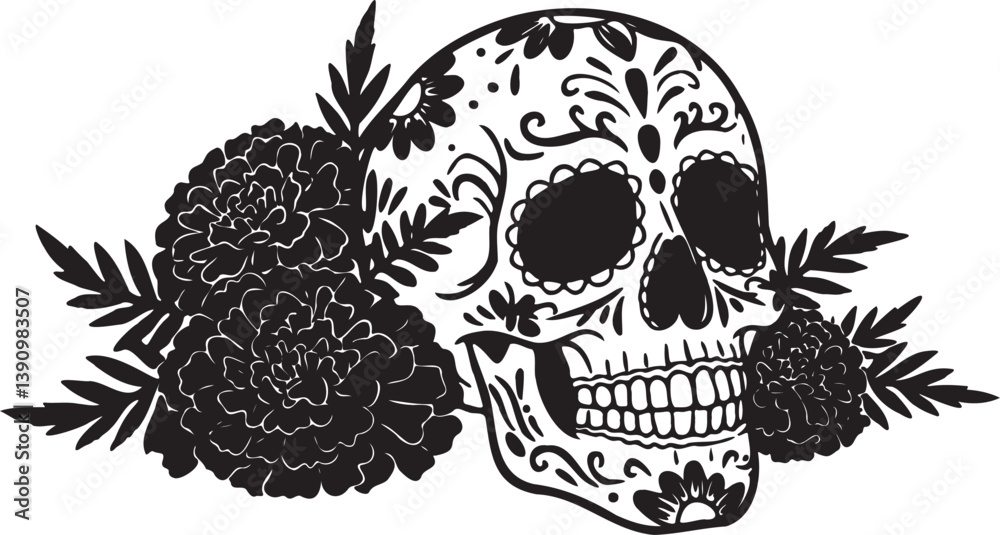 Fototapeta premium Day of the Dead Vector Black Silhouette on White Background | Día de los Muertos Illustration | Cultural & Festive Design | Minimalist & Editable