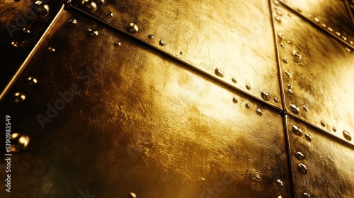 Gold metal plates riveted wall, light leak background, industrial design