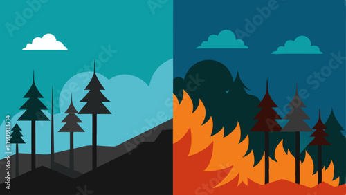 Ecosystem Damage A split showing a healthy forest on one side and a burnt blackened landscape on the other conveying the drastic effects of wildfires on ecosystems.